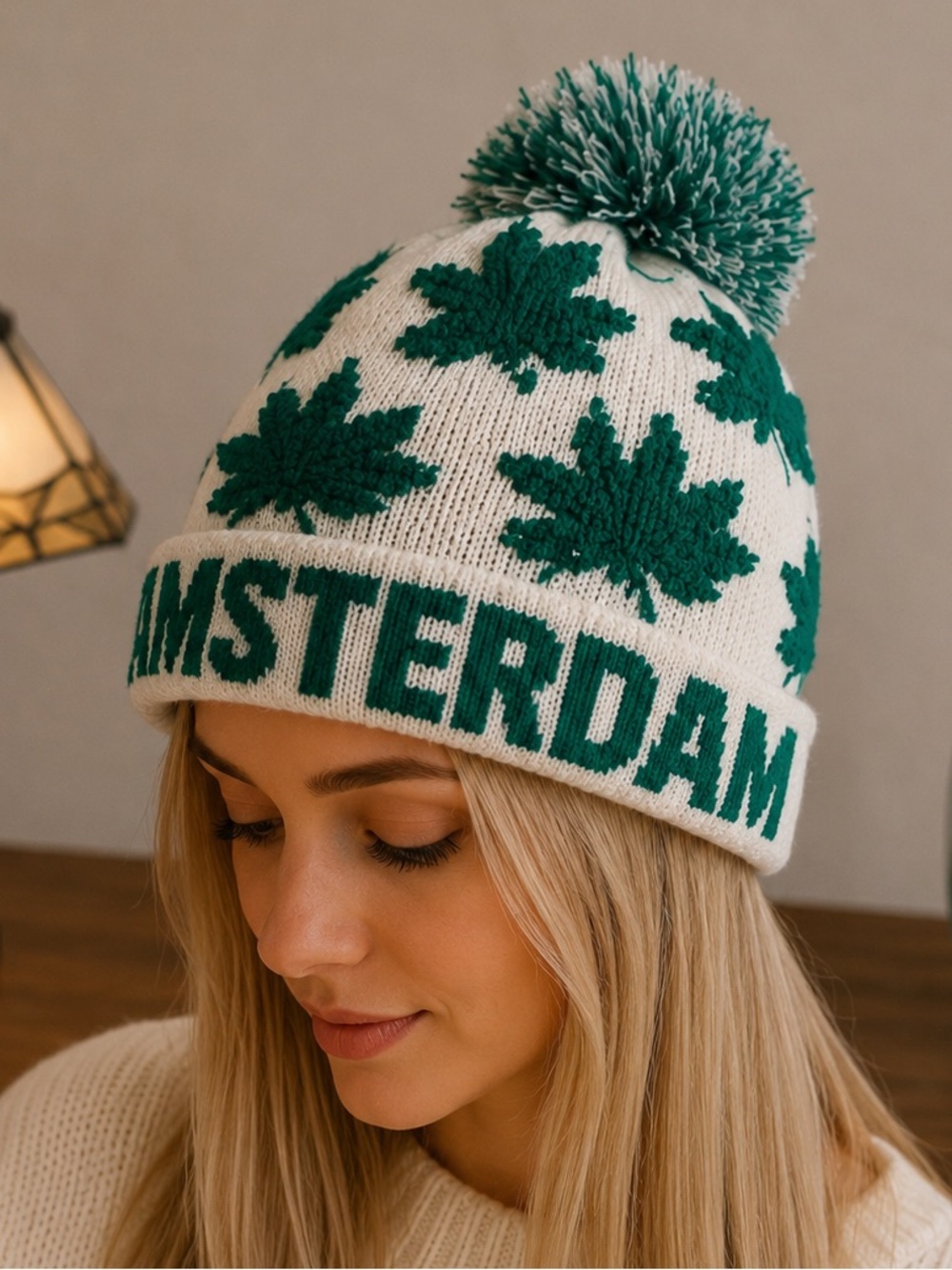 Unique Vintage Green & White Pom Knit Beanie